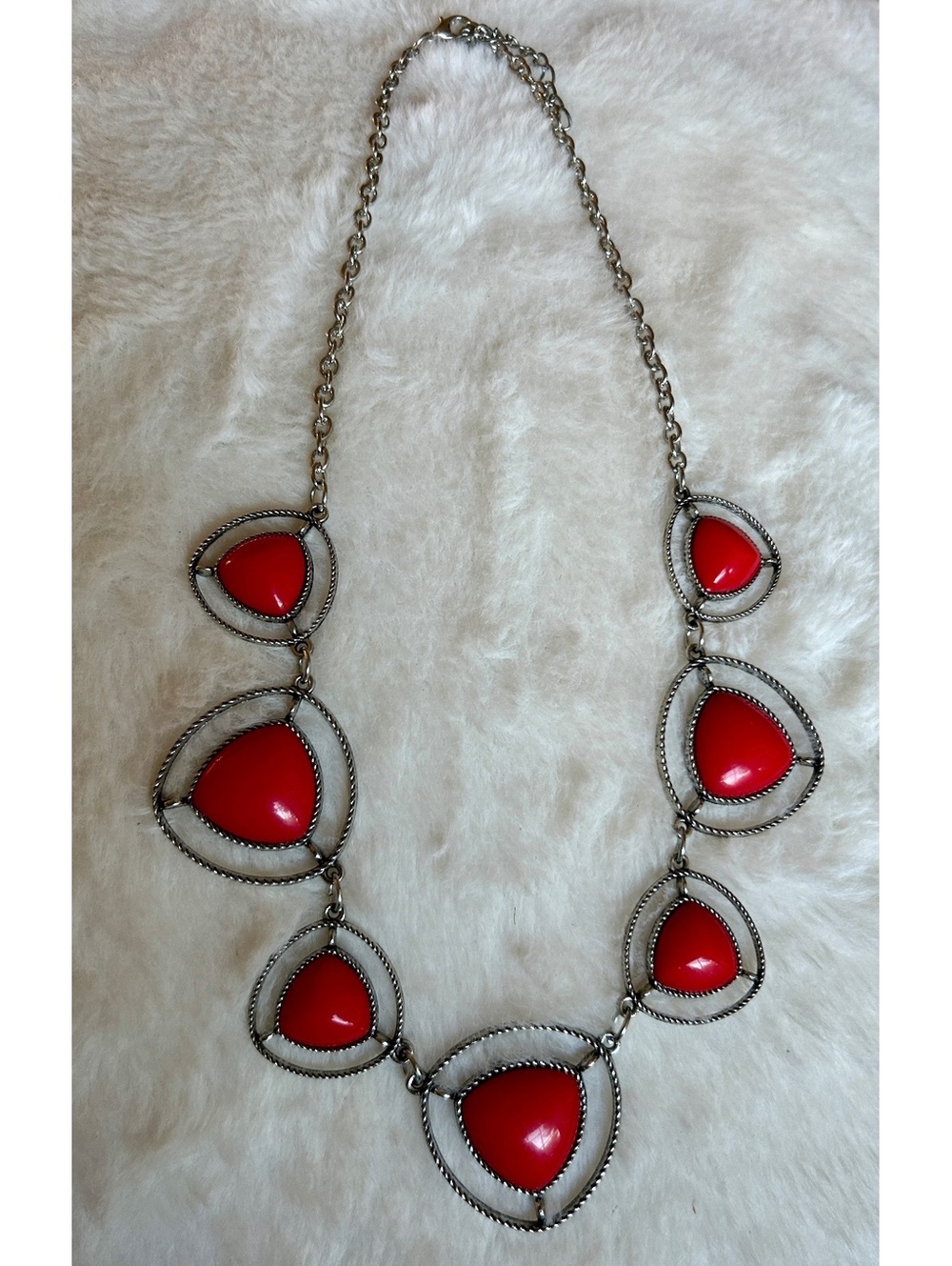 Vintage Red Heart Statement Necklace with Silver Tone Chain